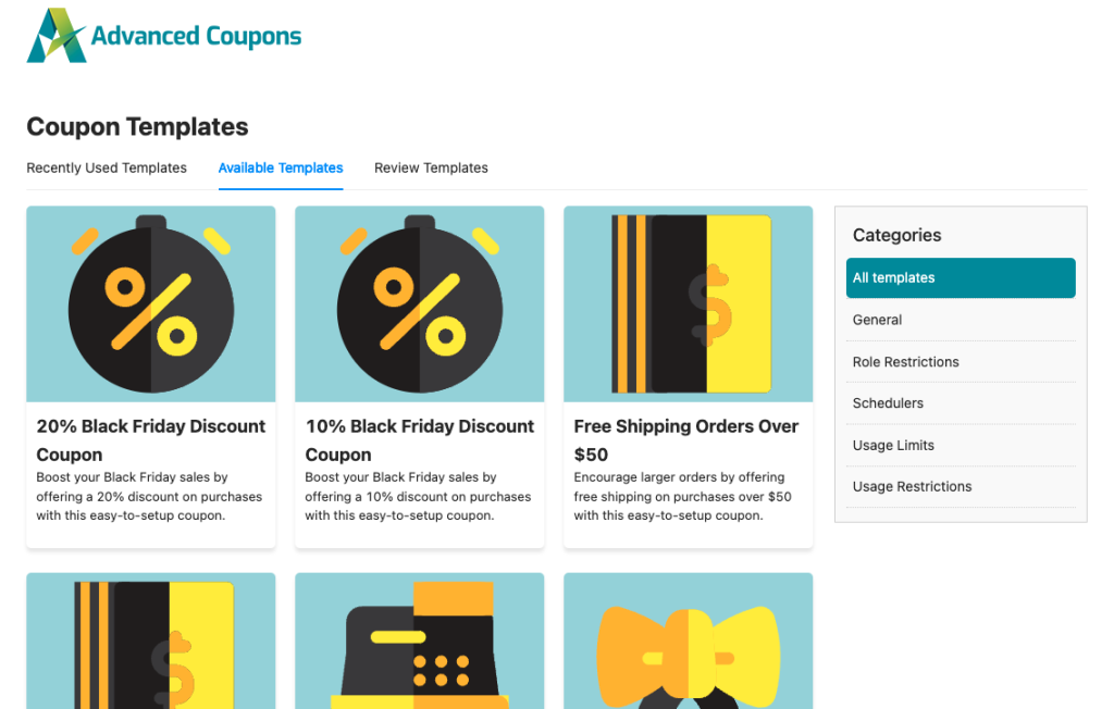 Advanced Coupons' coupon templates interface 